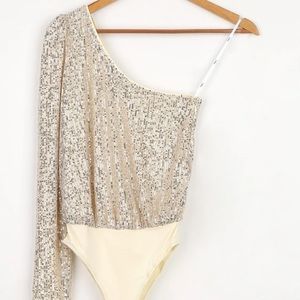 Dancing Diva Cream and Silver Sequin One-Shoulder Bodysuit